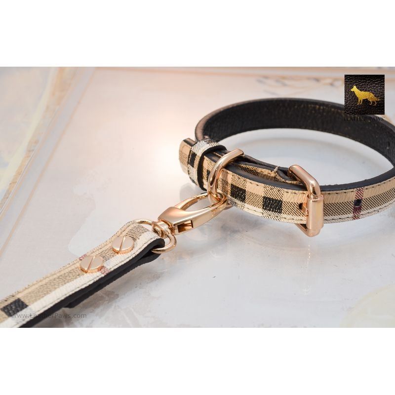 Puppy Leather Collar, Adjustable Basic Collar, Check Pattern Durable Leather Collar with Metal Buckle, Suitable for Small & Medium and Large Dogs